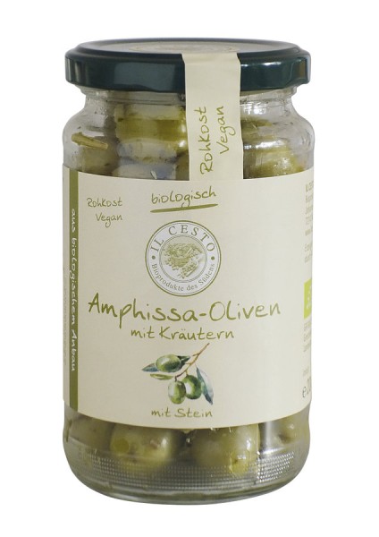 Oliven Amphissa grün mit Kräuter und Stein, 200g