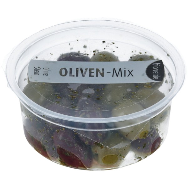 Oliven-Mix entsteint mariniert mit frischen Kräut., 80g