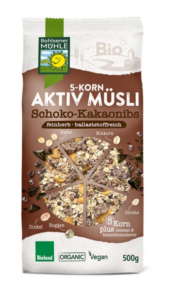 5 Korn Aktiv Müsli Schoko-Kakaonibs BIOLAND, 500g