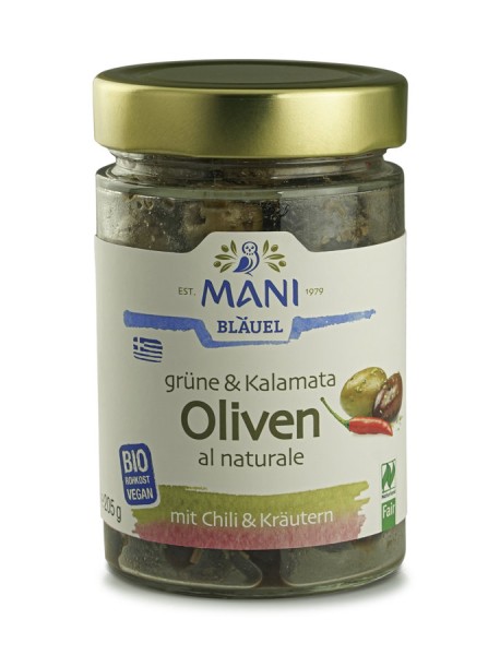 Grüne & Kalamata Oliven al natur. Chili & Kräutern, 205g
