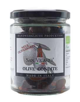 Oliven schwarz Condite mit Knoblauch & Peperoncini, 180g