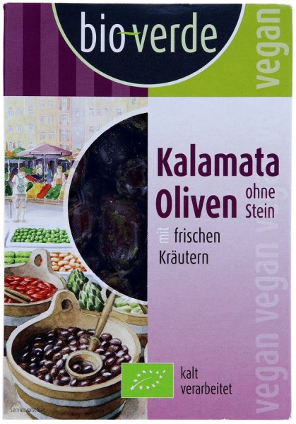 Oliven schwarz Kalamata entsteint mit Kräutern, 150g