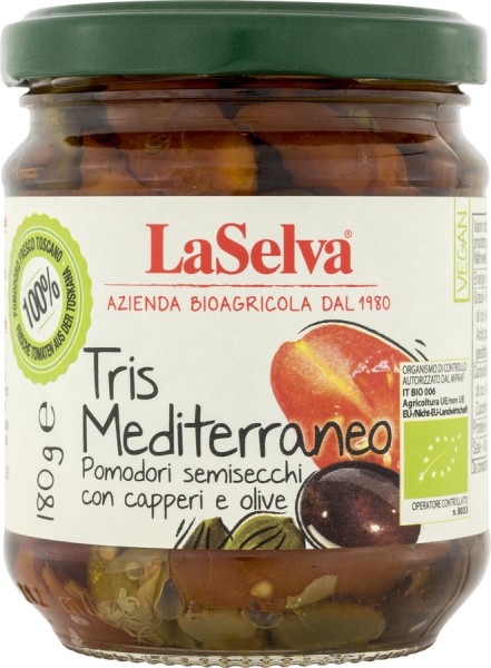 Tris mediterraneo - Tomaten, Oliven & Kapern in Öl, 180g